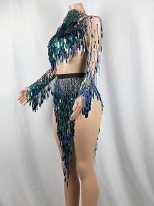 Vestido de Noche Sexy con Lentejuelas Azul Pavo Real, Estilo <span class=keywords><strong>Curvy</strong></span>, de Una Pieza, con Abertura Alta y Escote Pronunciado, para Fiesta de Gala, 2021 - Product Image 3