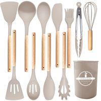 Ensemble d'ustensiles de cuisine en silicone de qualité alimentaire sans BPA, 12 pièces, avec manches en bois, résistant à la chaleur, écologique, ustensiles de cuisine souples
