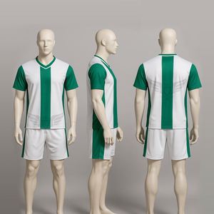 Ensemble Maillot et Short de Football Personnalisé Respirant pour Hommes – Vert et Blanc Rayé – Séchage Rapide – Vente en Gros - Product Image 2