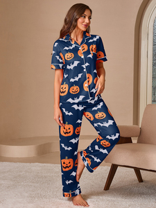 Pyjamas imprimés pour femmes en gros pour Halloween, haut à manches courtes et pantalon long, vêtements de nuit confortables pour femmes pour les fêtes et la maison - Product Image 6