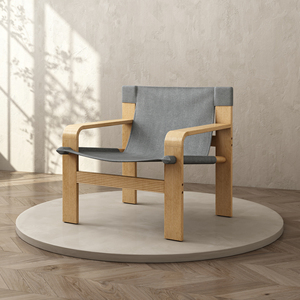 Fauteuil d'appoint en chêne avec accoudoirs larges, style Mid-Century, en tissu lin et structure en bois massif pour salon - Product Image 3