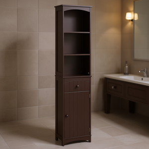 Meuble de rangement de salle de bain autoportant haut en lin marron avec 3 étagères et tiroir - Product Image 2