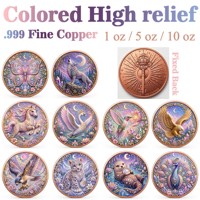 Pièce de monnaie en cuivre pur 999 de 1 oz, série Relief Animal, haute relief 3D, couleur UV, édition collector colorée