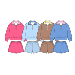 Conjuntos de Ropa para Niños, Última Moda, Color Sólido, Algodón a Cuadros, Top de Manga Larga para Niñas, Conjunto de Pantalones Cortos - Product Image 1