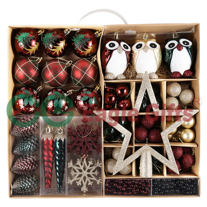 Eagle hadiah kualitas tinggi kotak Selamat Natal ornamen bola Set merah emas hijau burung hantu kepingan salju Icicle pinus kerucut Natal liontin