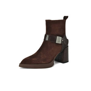 Botas de Media Caña con Tacón Grueso de Una Pulgada, Antideslizantes, Impermeables, Casuales, Decoradas con Cinturón Retro, de Cuero Vacuno de Primera Calidad, Color Sólido, Más Vendidas - Product Image 2