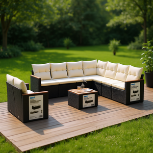 Ensemble de canapés de jardin en rotin noir avec coussins crème, mobilier d'extérieur au design contemporain, résistant à l'eau - Product Image 2
