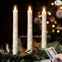 Lot de 3 bougies coniques sans flamme avec guirlande lumineuse intégrée, effet flamme analogique, écologiques, télécommandées, pour la décoration de la maison et de mariages