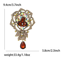 Broche vintage en forme de goutte d'eau avec fleur de rose, cristal et filigrane doré antique, ornée de strass, pour femme, cadeau de mariage, bijou de fête