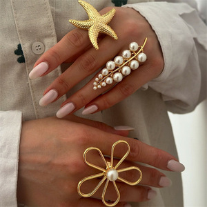 Jz038 Coastal Vacation <b>Ring</b> Set | Ocean-inspired Adjustable <b>Stacking</b> <b>Rings</b> Beachy Brass Jewelry for Women - Product Image 1