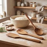 Ensemble d'ustensiles de cuisine en bois naturel, 3 pièces : spatule, pelle et cuillère, pour cuisiner, pâtisser et servir, compatible avec les ustensiles de cuisson antiadhésifs