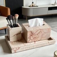 Ensemble de 3 pièces en pierre naturelle : Plateau rectangulaire en travertin, Pot de rangement et Boîte à mouchoirs en marbre rose