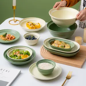 Peralatan makan porselen, gaya Nordic krem hijau matte peralatan makan lembut lapisan halus Pesta restoran piring pernikahan set alat makan