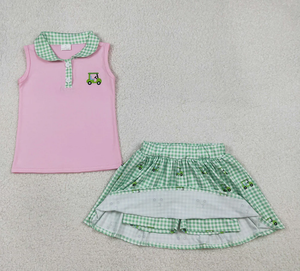 Conjunto de Ropa de Verano para Niña Sweet Girl GSD3120, Camiseta Rosa con Bordado de Camioneta de Golf, Falda a Cuadros y Pantalones Cortos - Product Image 4