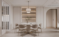 Mueble de Almacenamiento Minimalista Lesso Home, Estilo Crema, para Sala de Estar, con Gabinetes de Pared Completos, Esquinas Curvas y Estantes Abiertos Empotrados