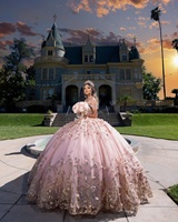 Mumuleo Off Shoulder Perlen Ballkleid Schatz Ausschnitt Pailletten Pink Quince anera Kleid