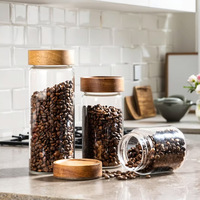Pot de conservation en verre borosilicate de haute qualité avec couvercle en bois d'acacia et anneau en silicone, capacité 0,5-1L, design moderne, multifonctionnel pour condiments