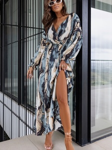 Automne nouveauté mode euro-américaine robe longue avec col en v imprimé taille élastique fente manches longues robes décontractées <span class=keywords><strong>AliExpress</strong></span> - Product Image 5