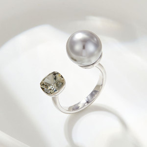 Open Back Pearl <b>Crystal</b> <b>Ring</b> Adjustable Band For Index Finger Everyday Wear Geometric Shape Bezel Setting - Product Image 1