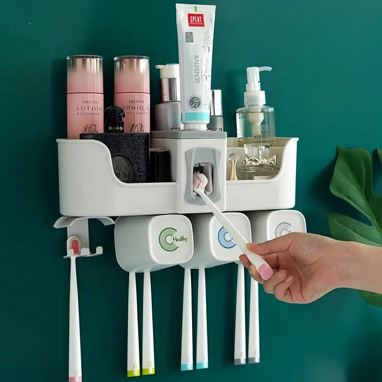 Amazon Top Seller 2019 di alta qualità montaggio a parete accessori bagno distributore automatico di dentifricio e portaspazzolino Set