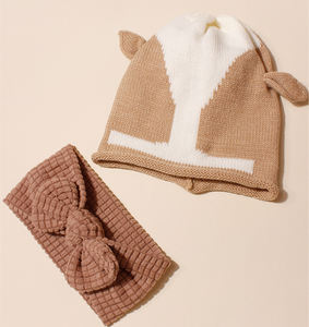 2 개 신생아 아기 니트 동물 귀 모자와 질감 활 머리띠 세트 귀여운 유아 모자 키즈 헤어 액세서리 도매 - Product Image 2