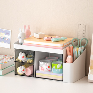 Office Organizer Desktop <b>Storage</b> <b>Box</b> With <b>Drawers</b> And Pen Holder For Kids Stationery Korean Style White Rabbit And Pink Pig - Product Image 1
