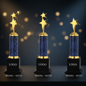 Trophée en métal avec base en bois noire, modèle 567, colonne bleue scintillante, étoiles dorées, plaqué or, récompense sportive gravée au laser, durable - Product Image 1