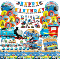 Ensemble de vaisselle et fournitures pour fête d'anniversaire Thomas le train : Assiettes, gobelets, serviettes, nappe, pailles, décorations de gâteaux, toppers pour cupcakes, bannières, ballons