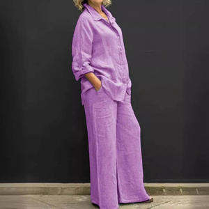 FTS <b>Linen</b> Blend Casual Everyday Button-Up Shirt & Wide Leg Pants <b>Two</b>-<b>Piece</b> Set with DDP Shipping & 1688 Buying Service - Product Image 2