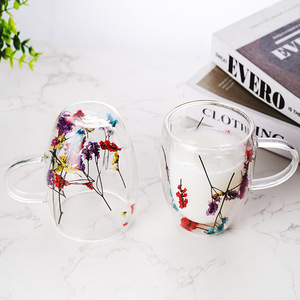 Tazas de café de cristal de doble pared de 350ml, tazas de café de flores transparentes con asa, tazas de café <span class=keywords><strong>Espresso</strong></span> y Latte resistentes al calor - Product Image 5
