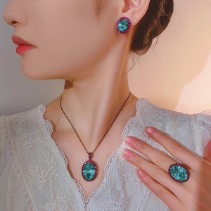 Fashion Eco-friendly Copper Black Gold Plated Big 15*20mm Paraiba Green Zircon 3 Piece Wedding <b>Ring</b> Garnet Jewelry <b>Set</b> for <b>Women</b> - Product Image 6