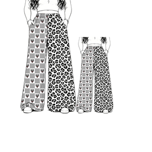 MSD0722 Pantaloni a Gamba Larga con Stampa a Blocchi Bicolore e Fantasia Leopardata a Vita Alta per Adulti e Bambini - Abbinamento Coordinato <span class=keywords><strong>Mamma</strong></span> e Figlia - Product Image 3