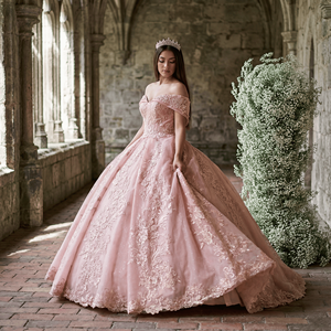 ชุดเดรสงาน Quinceanera สีชมพู Lsany208 ประดับดอกไม้ 3 มิติ แต่งลูกไม้รัดเชือกทรงคอร์เซ็ท กระโปรงบานฟูฟ่อง สำหรับงานวันเกิดอายุ 16 ปี รุ่น Jancember - Product Image 1