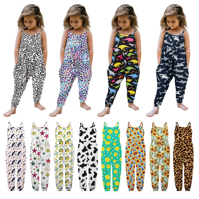 Summer Toddler Girls Baby Kids Jumpsuit One Piece Cow Leopard Tie Dye Print Loose Sleeveless Strap Baby Harem Romper With Pocket