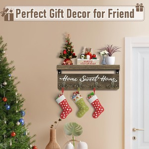 Wooden Wall Mounted <b>Shelf</b> With <b>Hooks</b> Home Sweet Home Mail Key Organizer Entryway Foyer Storage Rack - Product Image 3