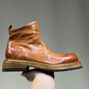 Bottes Chelsea d'hiver en cuir lavé pour hommes, style rétro streetwear, avec plateforme épaisse, élastiques, antidérapantes, à enfiler - Product Image 1