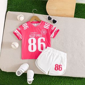 Conjunto Deportivo Elegante para Niñas No. Conjunto de <span class=keywords><strong>Boutique</strong></span> para Niños Pequeños: Camiseta Rosa Estampada de Manga Corta + Pantalones Blancos, Estilo Occidental - Product Image 1