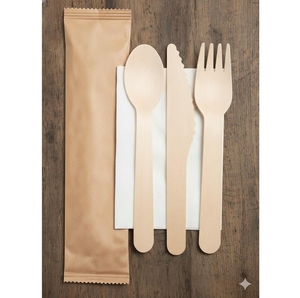 Eco-Friendly Biodegradable 100% Magnolia Conifera Wood <b>Disposable</b> Cutlery Set 04 (Spoon Fork Knife Paper Napkin) - Product Image 1