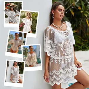 Women Crochet Beach Dress Cover up dress Bikini Cover ups Lace Chiffon Beach Dress