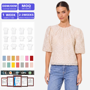 T-shirt en coton pour femme à manches bouffantes, col rond, imprimé floral, coupe ample, décontracté, printemps-été, tricoté, respirant, à manches courtes - Product Image 1