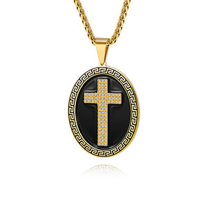 <b>Cross</b> Pendant Necklace For Men Stainless Steel Pave Setting Black Oval Design Hip Hop Style Sweater <b>Chain</b> - Product Image 5