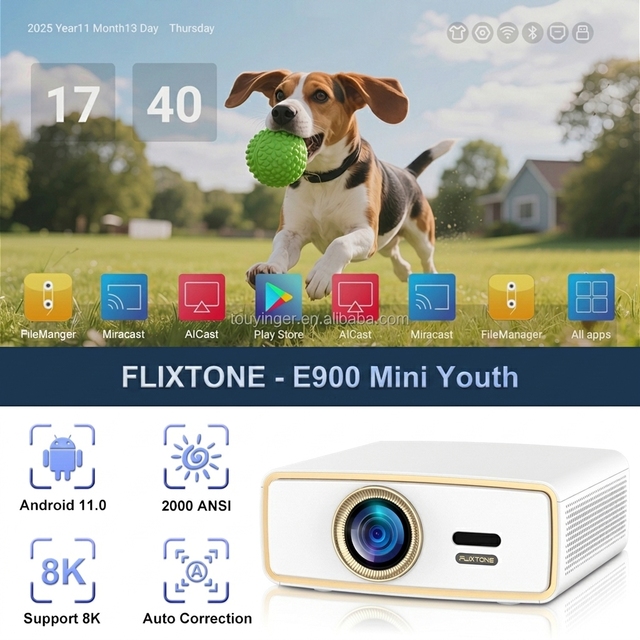 Flixtone E900 Mini Youth 2K 4K 8K LED Projector 2000 ANSI Lumens Full HD 1080P 2G 32GB Home Theater Portable LCD Smart Beamer