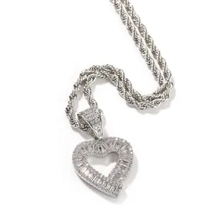 Fashion Iced Out Cubic Zirconia Diamond Heart Necklace Personalized Men Hip Hop 5A Zircon Hollow Baguette Heart Pendant Necklace