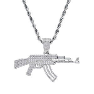 리볼버 Uzi 건 펜던트 목걸이 유행 힙합 스팀 펑크 블링 로듐 도금 및 지르콘 긴 체인 여성용 남성 - Product Image 6