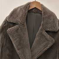 Manteau Teddy en Pure Laine Mi-long pour Femme Automne Hiver, Gris, Col Revers Oversize, Minimaliste, Décontracté, Blazer Long en Laine