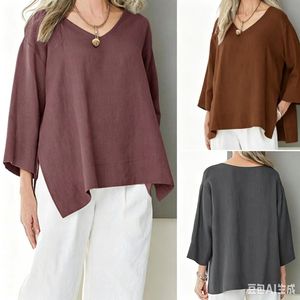 Camiseta informal de verano para mujer, estilo europeo y americano, con cuello en V, de algodón y lino, con mangas tres cuartos y corte holgado. - Product Image 4