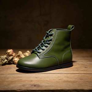Vente directe d'usine, bottes de combat en cuir vert pour femmes, à lacets, avec fermeture éclair latérale, bottes à la cheville - Product Image 3