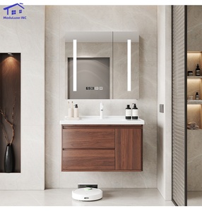 Meuble de salle de bain intelligent marron avec vitrine en verre, lavabo blanc, armoire murale - Product Image 2