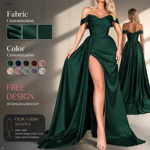 Vestido maxi formal de <span class=keywords><strong>fiesta</strong></span> para mujer, personalizado, verde salvia, de poliéster y algodón satinado, con hombros descubiertos, cuello en V, cintura fruncida y abertura alta, corte en A. - Product Image 1