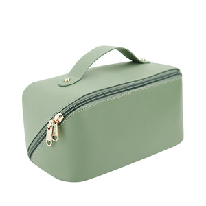 Bolsa de Cosméticos Premium de PU, Gran Capacidad, Portátil, Organizador de Maquillaje para Mujer, Color Sólido, Costuras Macaron, Asa Suave - Product Image 3